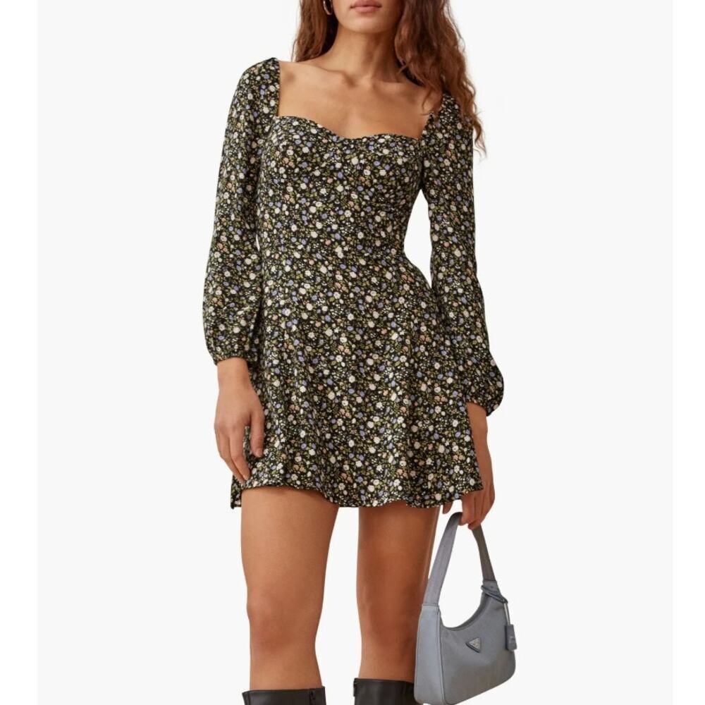 Reformation Mochi Mini Dress Long Sleeve Floral Fit Flare Flounce 2 Black Flower